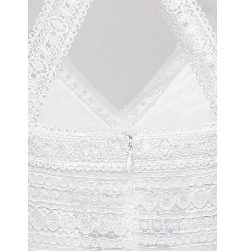 White Lace Detail Flared Wide Leg Bohemian Jumpsuit V-Neck Criss Cross - Picture 6 of 10
